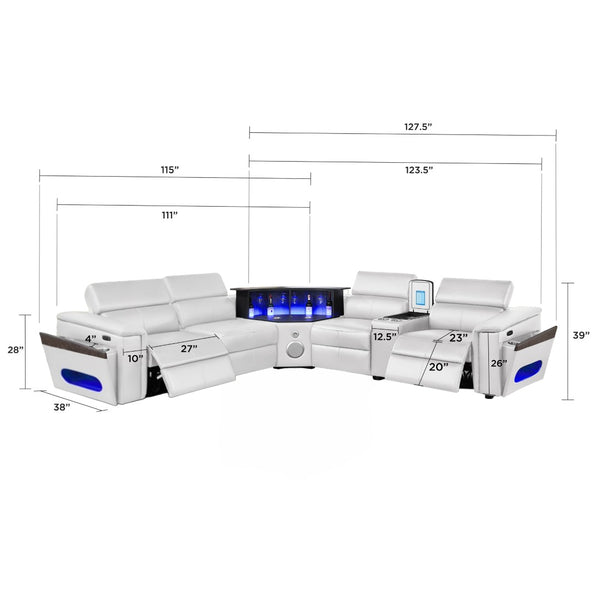 English Elm Nova Entertainment Sectional Sofa with Led Bar Fridge Console and Bluetooth Speaker White B009S02170