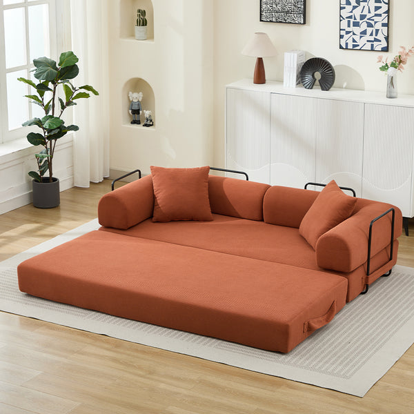 English Elm Folding Corduroy Sofa Bed 78.5" Convertible 3-Seater to Bed with 2 Pillows, No Assembly, Orange W2915P391458