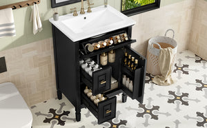 English Elm 24-Inch Bathroom Vanity with Sink, Solid Wood & MDF, Ceramic Top, Gold Handles, Flip Drawer Design Black N725P350824B