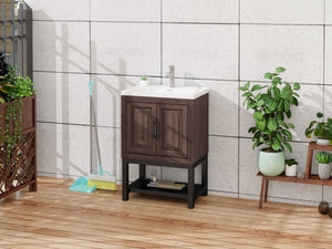 English Elm 24" Bathroom Vanity with Smooth White Ceramic Sink, Durable Metal Hinges, Adjustable Feet, Sleek Faucet & Open Iron Shelf Walnut W688P224404