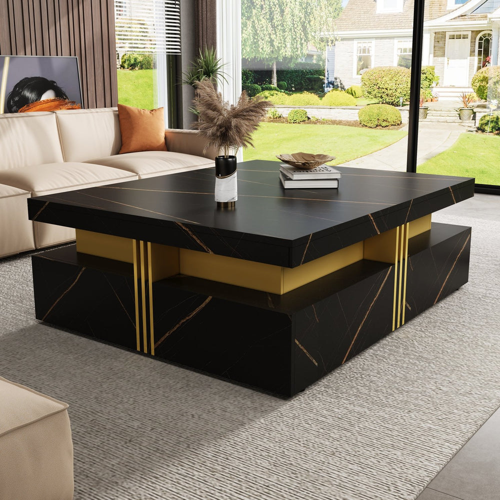 English Elm Modern Black Gold Square Storage Coffee Table with 4 Drawers, MDF Pedestal, Luxe Accent & 800lb Top Capacity CH306808AAB