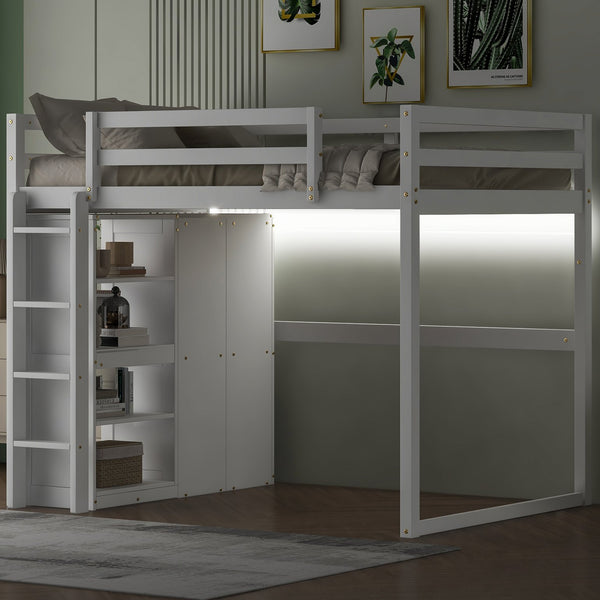 English Elm Wood Full Size Loft Bed with Built-in Wardrobe, 4-Tier Storage Shelves, LED Light, Pine MDF Durable White GX000463AAK