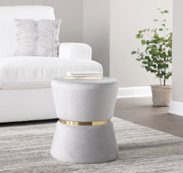 English Elm Gemma Silver Velvet Ottoman with Gold Metal Band — Glam Contemporary Accent Seat, Cushioned Comfort B202P223725