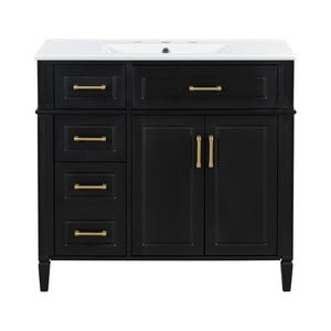 English Elm 36 Inch Freestanding Bathroom Vanity Sage Pine Cabinet Gold Hardware Ceramic Sink Black N725P366466B