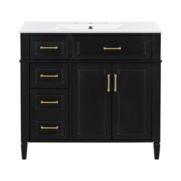 English Elm 36 Inch Freestanding Bathroom Vanity Sage Pine Cabinet Gold Hardware Ceramic Sink Black N725P366466B