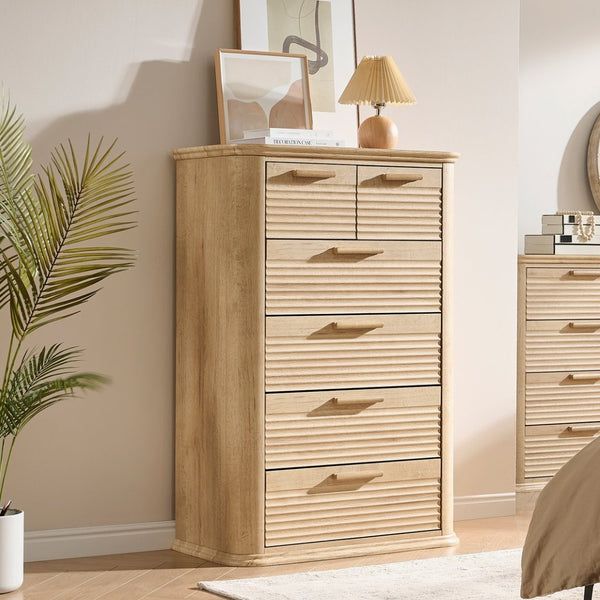 English Elm 6 Drawer Tall Fluted Chest with Waveform Fronts Slim Wooden Storage for Modern Bedroom Oak T5326P425103