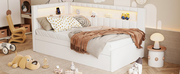 English Elm Upholstered Twin Platform Bed with Trundle, Linen Backrest, Built-In USB Ports & LED Accent Lighting White DL001919AAK