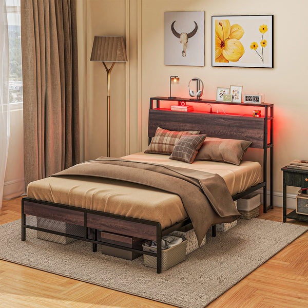 English Elm HOMCOM Full Size Bed Frame with LED RGB Headboard, Built-In Charging Station and 3-Tier Shelf Walnut W2225P249911