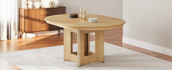 English Elm Topmax Farmhouse Round Pedestal Dining Table Extendable Leaf Rubberwood Compact Space Natural Wood N717P336673N