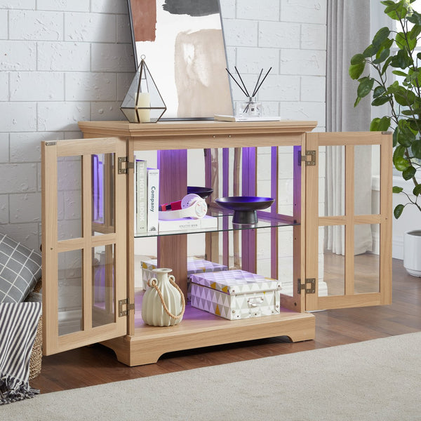 English Elm Led Curio Display Cabinet - Antique Oak Showcase With Adjustable Shelves, Remote & Lattice Doors For Home W2275P231692