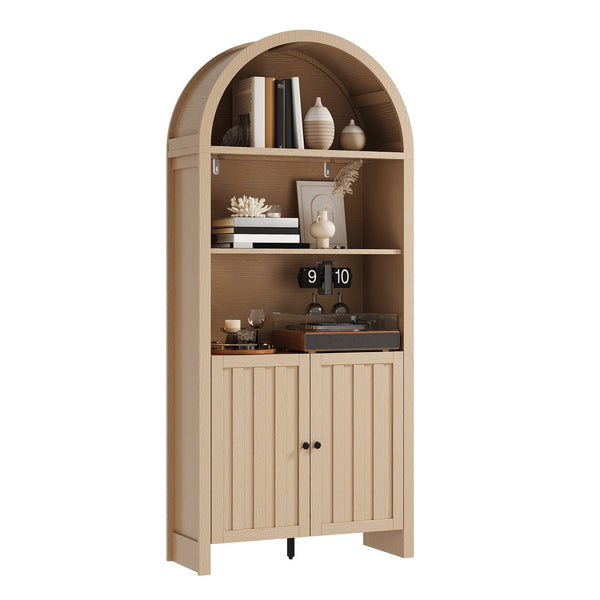 English Elm 71" Tall Farmhouse Bookshelf with Arched Top and Lower Cabinet, Rustic Slatted Doors, Sturdy Design Natural T3771P371395