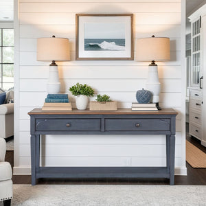 English Elm 60 inch Sofa Table Corduroy Blue Distressed Coastal Console with 2 Drawers & Shelf, Rubberwood Charm B108P193075