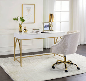 English Elm Lightmane White High Gloss Vanity Desk with Gold Metal Legs, 2 Drawers, Modern Luxury Design B2726P315731