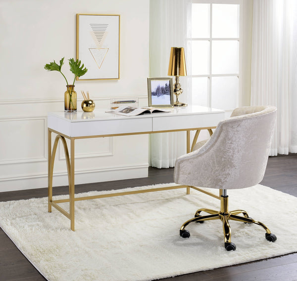 English Elm Lightmane White High Gloss Vanity Desk with Gold Metal Legs, 2 Drawers, Modern Luxury Design B2726P315731