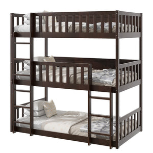English Elm Twin Size Triple Bunk Bed In Espresso - Space-Saving Rubberwood Design With Ladders And Guardrails W504S00243-GIGA
