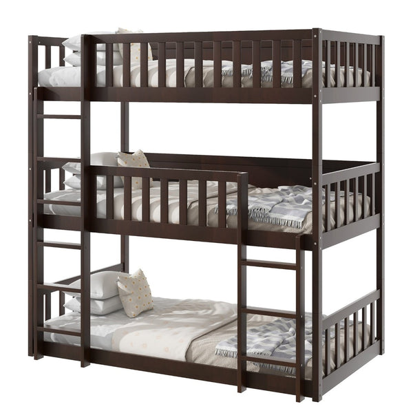 English Elm Twin Size Triple Bunk Bed In Espresso - Space-Saving Rubberwood Design With Ladders And Guardrails W504S00243-GIGA