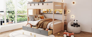 English Elm Full Size Castle Bunk Bed with Led Lighting Built in Shelf and Storage Drawers Gray LT000159AAE