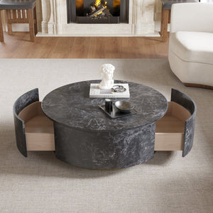 English Elm Tavola Round Coffee Table with Marble Pattern Top and Metal Legs, Two Drawers for Stylish Storage Grey B341P321161