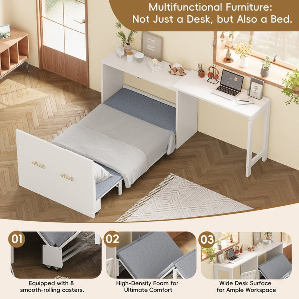 English Elm Twin Murphy Cabinet Bed with Folding Desk Mdf Frame Guest Room White Finish N733S272603K