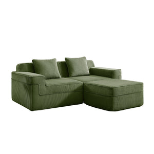 English Elm Modular 2-Seat L-Shape Sectional Sofa In Green Corduroy, Ultimate Comfort With Movable Ottoman & Pillows W3041S00330