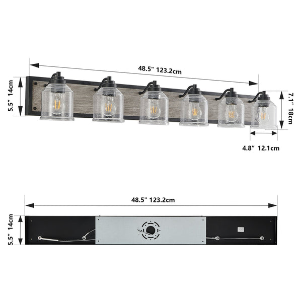 English Elm 49" Farmhouse Vanity Light Fixture - 6-Light Industrial Bathroom Sconce with Clear Seeded Glass Shades, Black Wood Finish W2312P374829