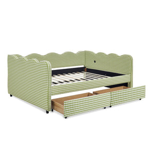 English Elm Full Size Gingham Linen Daybed with Wave Backrest Trundle and Usb Charging Port Green W1413S00147