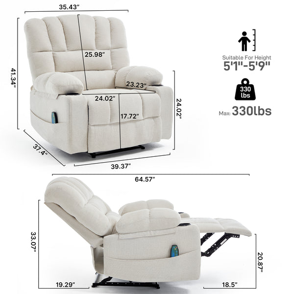 English Elm Living Space Reclining Chair with 8-Point Vibration, Lumbar Heating, Multi-Recline Comfort and Easy Assembly Beige W1403P364987