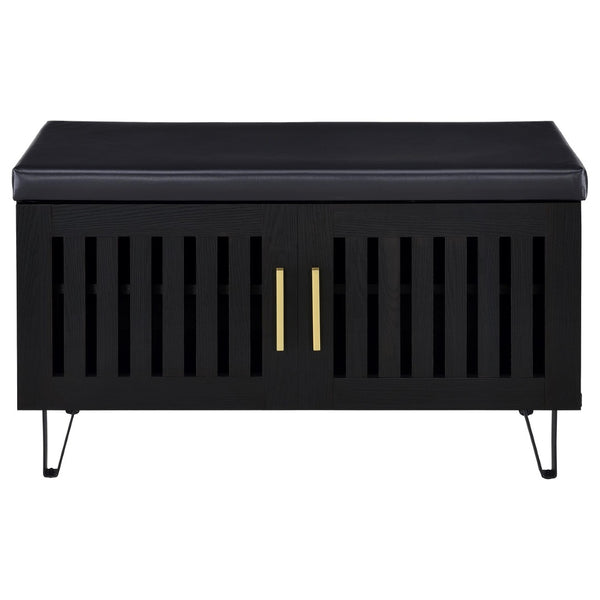 English Elm Astor Smoked Finish Entryway Bench with Drawer Open Shelving and Faux Leather Seat Black B062P440401