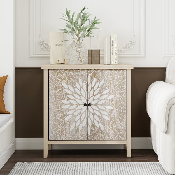 English Elm 2-Door Carved Storage Cabinet with Floral Handle, Adjustable Shelf, Anti-Tip Safety, Slim Design Natural W688P232767