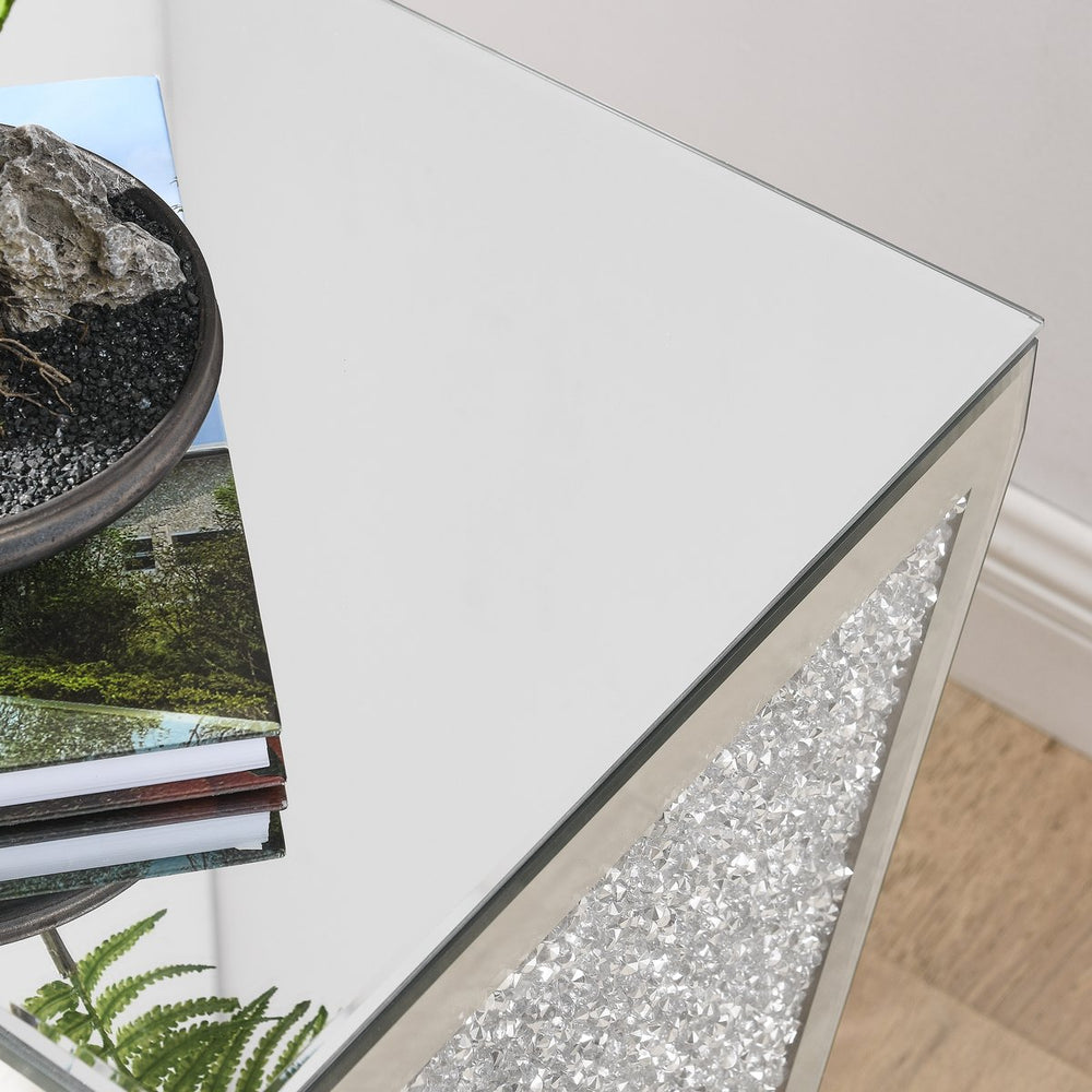 English Elm Inverted mirrored triangular accent table with crystal diamond inlay, compact elegant silver side table W1005P189513