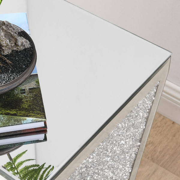 English Elm Inverted mirrored triangular accent table with crystal diamond inlay, compact elegant silver side table W1005P189513