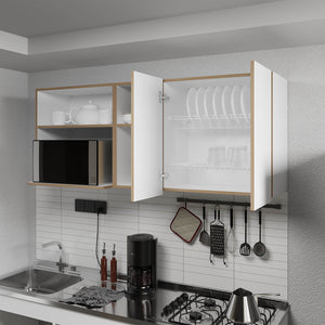 English Elm Wall-Mounted Kitchen Cabinet with Microwave Nook, Open Shelves & Double-Door Storage in Oak/White – Space-Saving Design B128P287520
