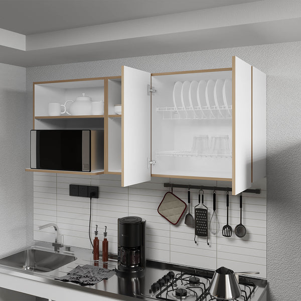 English Elm Wall-Mounted Kitchen Cabinet with Microwave Nook, Open Shelves & Double-Door Storage in Oak/White – Space-Saving Design B128P287520