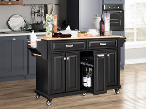 English Elm Kitchen Island Rubber Wood Countertop Mobile Cart with Towel & Spice Racks, Drawers, Storage Wheels Black W914P147991