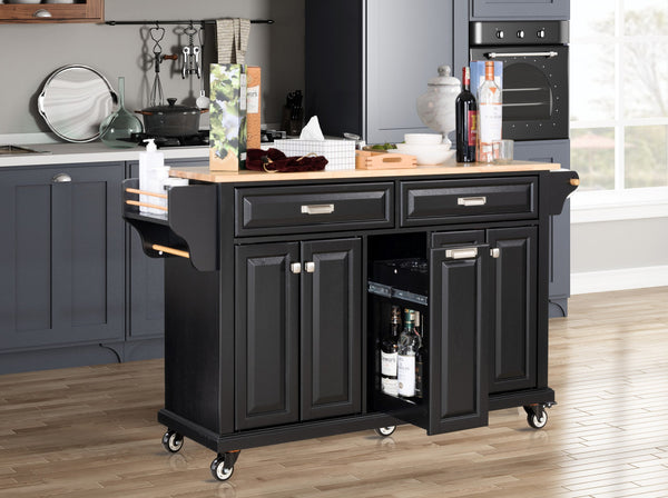 English Elm Kitchen Island Rubber Wood Countertop Mobile Cart with Towel & Spice Racks, Drawers, Storage Wheels Black W914P147991