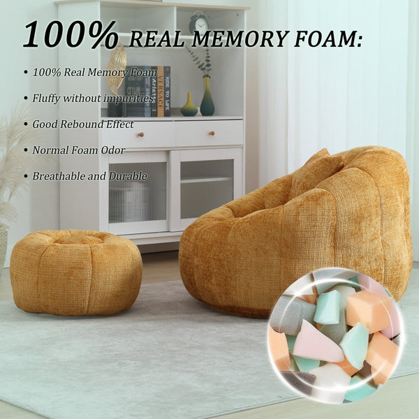 English Elm UNITED Cloud-Luxe Chenille Memory Foam Bean Bag Chair with Ottoman and Pillow for Ultimate Comfort Yellow W1568P361698