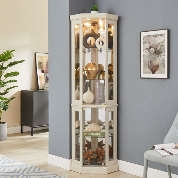 English Elm Corner Curio Cabinet Lighted Glass Display Case with Mirrored Back for Living Room Antique White W2275P194429