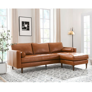English Elm Mid-Century Cognac Tufted Leather Sectional with Reversible Chaise, Solid Wood Legs & Cushions B193P200175