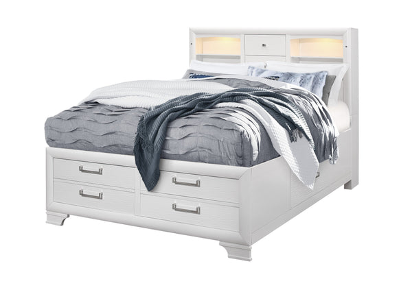 English Elm CIVIC Solid Wood Full Bed with Built-In Storage Drawers, Slatted Support, Felt-Lined Headboard Drawers White 35.63 L x 19.49 W x 16.93 H B201S00040