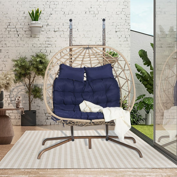 English Elm Double Hanging Egg Chair Wicker Cocoon Swing with Iron Stand for Patio Balcony W874P270568