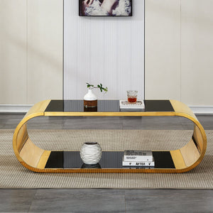 English Elm 57" Gold Stainless Oval Coffee Table with Black Tempered Glass, 2-Tier Storage, Modern Chic Design W3456S00027