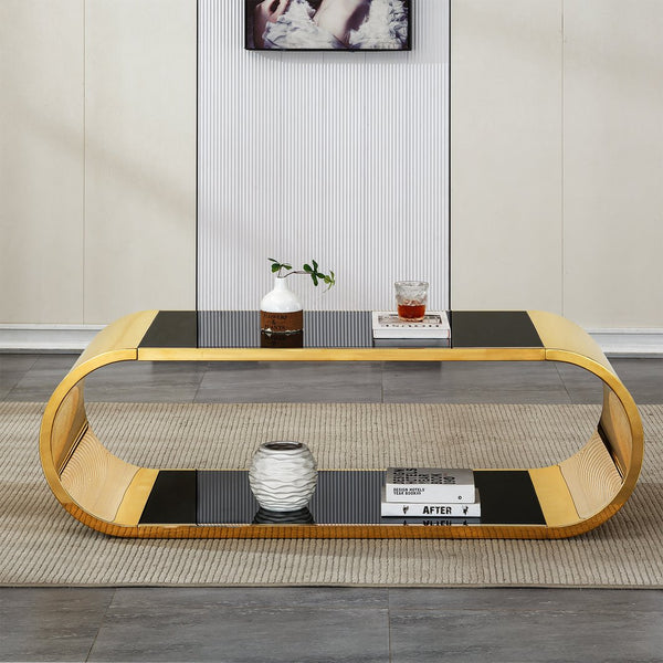 English Elm 57" Gold Stainless Oval Coffee Table with Black Tempered Glass, 2-Tier Storage, Modern Chic Design W3456S00027