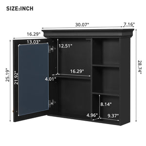 English Elm 30'' Wall-Mounted Medicine Cabinet with Mirror and Adjustable Shelves, Modern MDF Storage Organizer Black N710P209425B