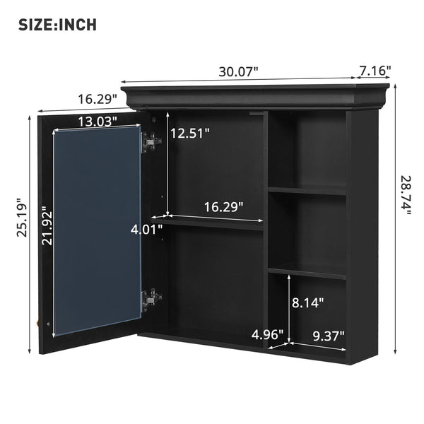 English Elm 30'' Wall-Mounted Medicine Cabinet with Mirror and Adjustable Shelves, Modern MDF Storage Organizer Black N710P209425B