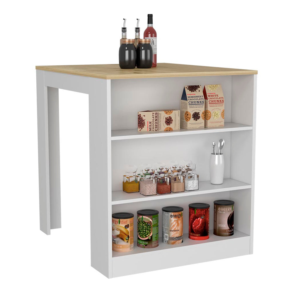 English Elm Kitchen Island Table With Two Legs And Three Open Shelves In White/Pine - Perfect For Small Spaces! B097S00133