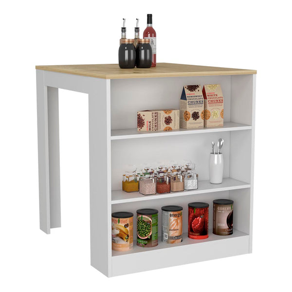 English Elm Kitchen Island Table With Two Legs And Three Open Shelves In White/Pine - Perfect For Small Spaces! B097S00133