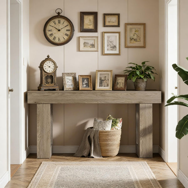English Elm Practical Geometric Console Table with Matte Black Wood Grain Finish for Entryway or Sofa Gray T3971P451587