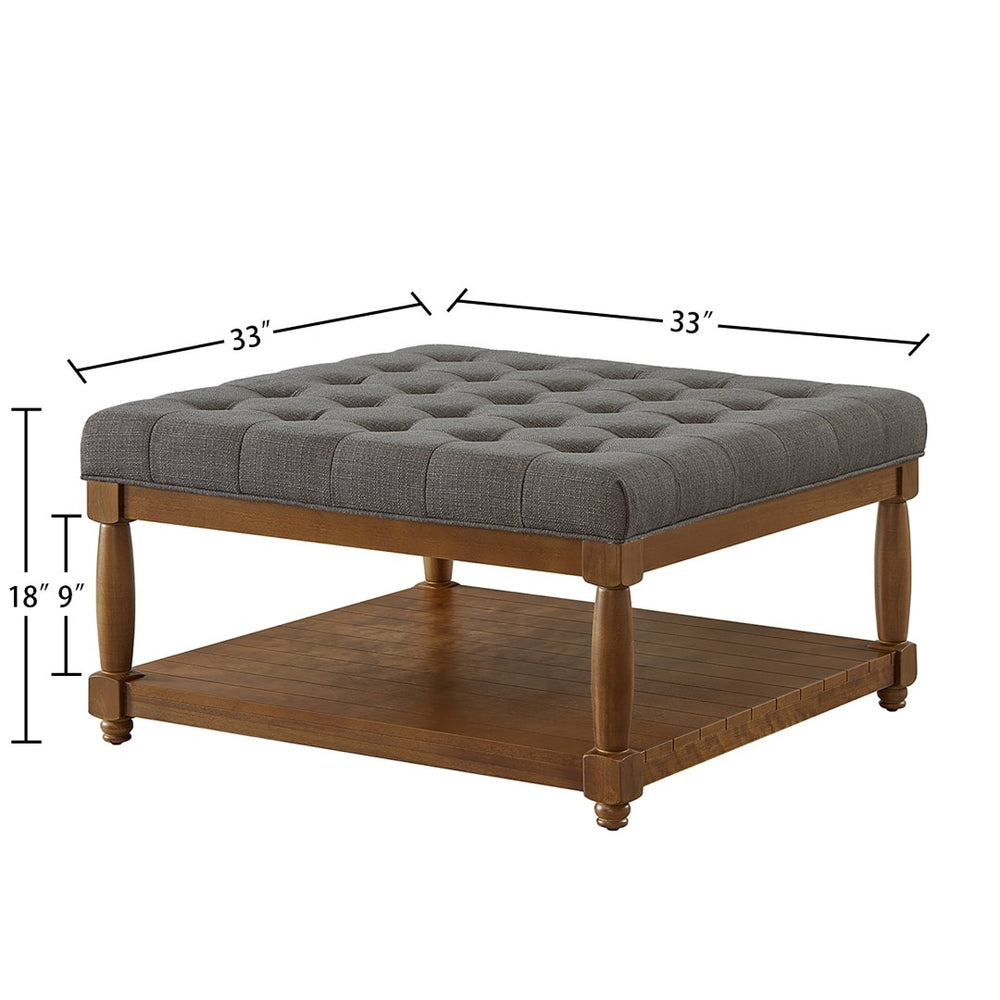 English Elm Large Tufted Linen Square Ottoman with Solid Wood Shelf for Living Room Use Granite W2186P379326