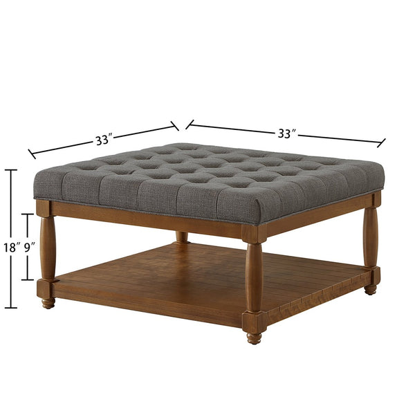 English Elm Large Tufted Linen Square Ottoman with Solid Wood Shelf for Living Room Use Granite W2186P379326