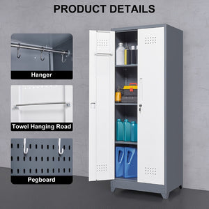 English Elm Broom and Mop Steel Utility Cabinet with Locking Doors Hanging Rod Adjustable Shelves T3625P372663